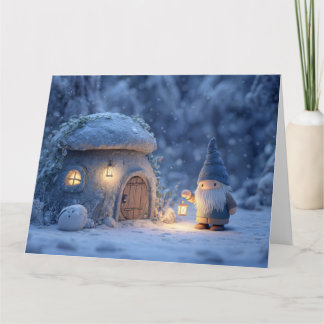 Carte Gnome with a Lantern Outside a Snowy Stone Hut