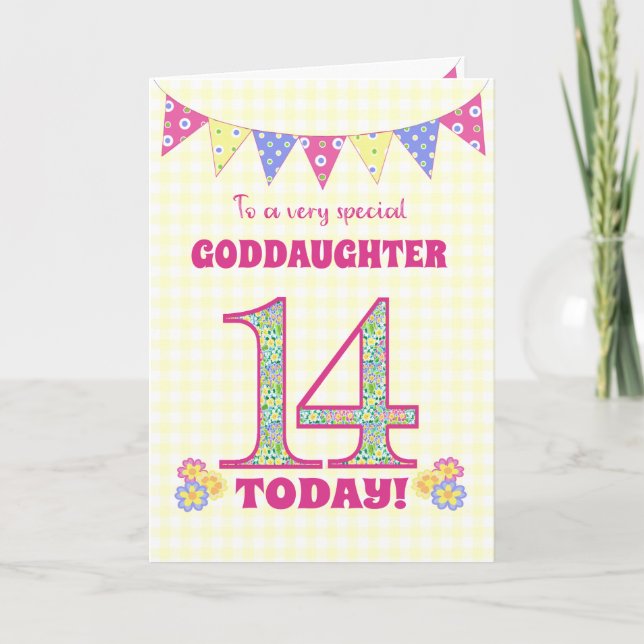 Carte Godgirl 14th Birthday Primroses Bunting Card (Devant)