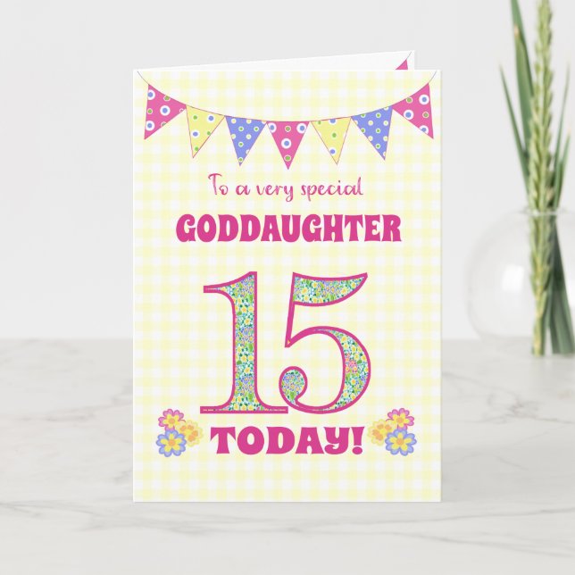 Carte Godgirl 15e Anniversaire Primroses Bunting Card (Devant)