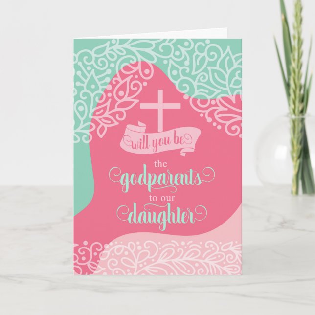 Carte Godparents Demande de fille rose et vert mer (Devant)