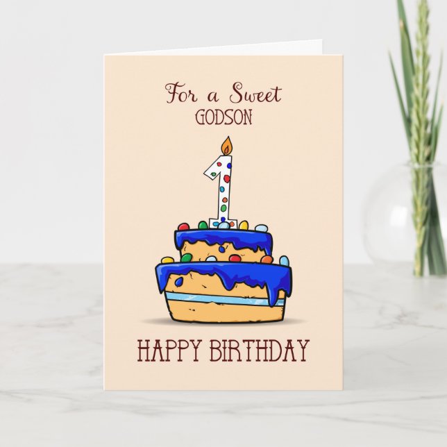 Carte Godson 1er Anniversaire, 1 sur Sweet Blue Cake (Devant)