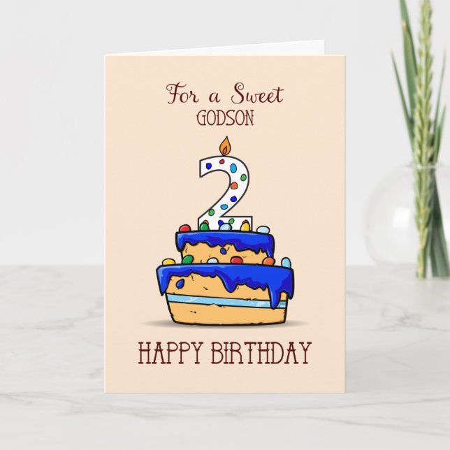 Carte Godson 2e anniversaire, 2 sur le gâteau bleu doux (Devant)