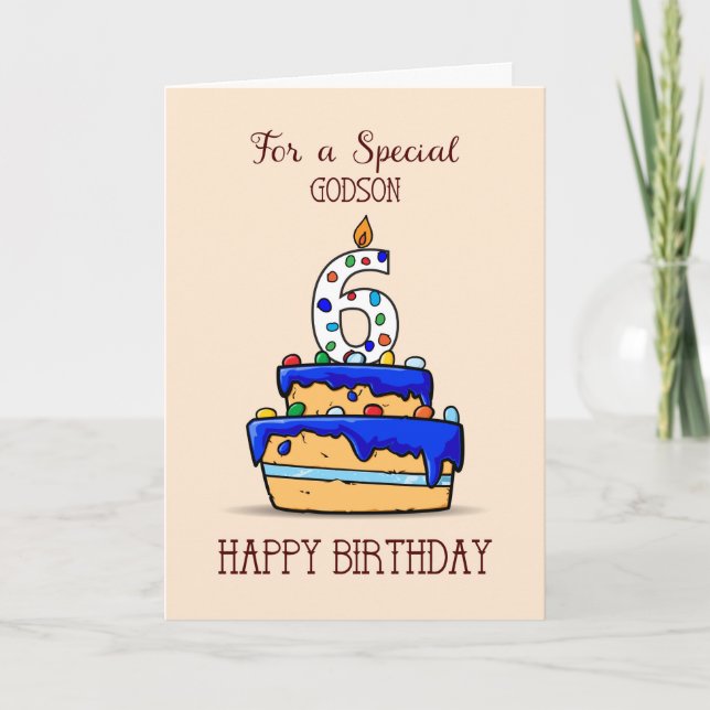 Carte Godson 6e anniversaire, 6 sur le gâteau bleu doux (Devant)