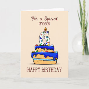 Carte Godson 6e anniversaire, 6 sur le gâteau bleu doux