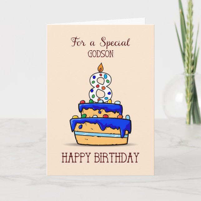 Carte Godson 8e anniversaire, 8 sur le gâteau bleu doux (Devant)