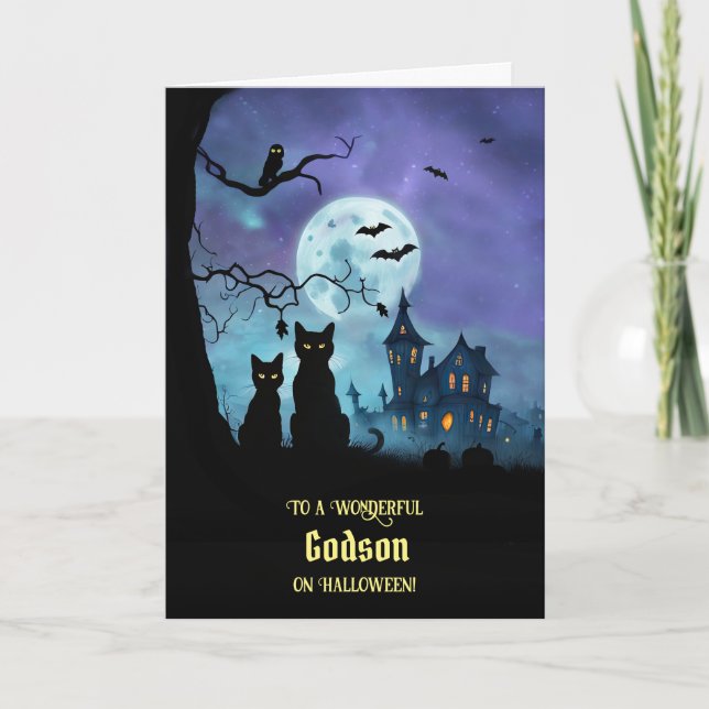 Carte Godson Cute Happy Halloween avec Chats Owl (Devant)