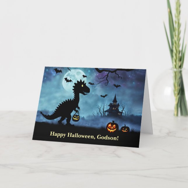 Carte Godson Happy Halloween avec Dinosaur (Devant)