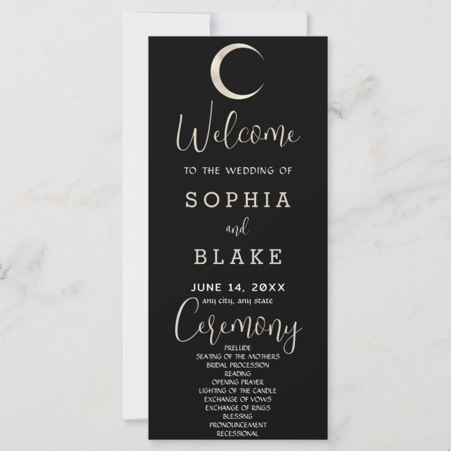 Carte Gold Crescent Moon Celestial Black Wedding Program (Devant)