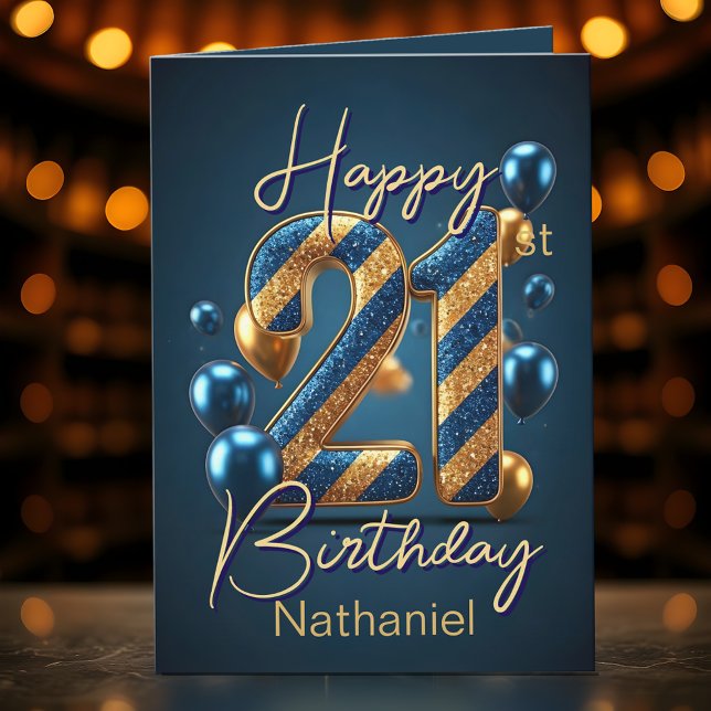 Carte Gold et Blue Stripes et Ballons 21e anniversaire (Créateur téléchargé)