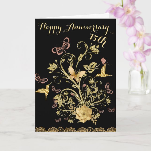 Carte Gold Flower 15e heureux Mariage Anniversaire Coupl (Orchidée)
