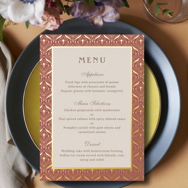 Carte Gold Foil Art Déco Mariage Réception Menu (art deco gold foil wedding reception dinner menu cards, indian hindu wedding, sangeet mehndi menu)