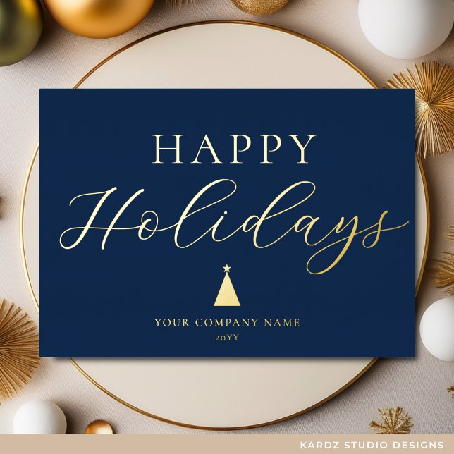 Carte Gold Foil Blue Business (Holiday Card shown in 5 x 7 inches. Personalize with text, logo, message, and foil color.)