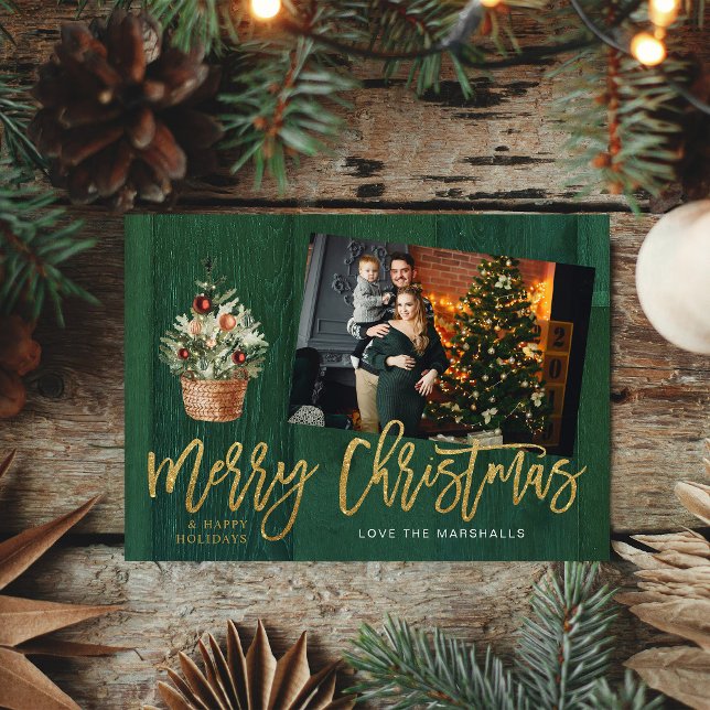 Carte Gold & Green Rustic Joyeux Noël One Photo (Créateur téléchargé)