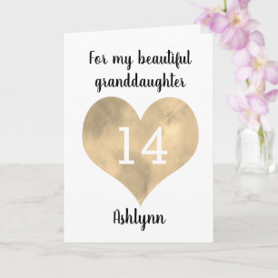 Carte Gold Heart Happy 14th Birthday Grandgirl