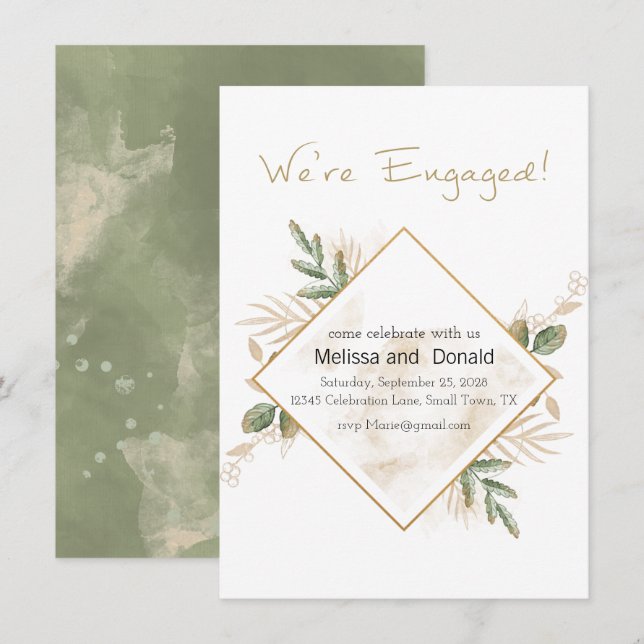Carte Gold Sage Green Floral Élégant Fiançailles (Devant / Derrière)