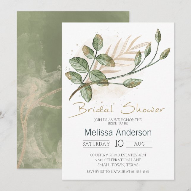 Carte Gold Sage Green Floral Elégante Fête des mariées (Devant / Derrière)