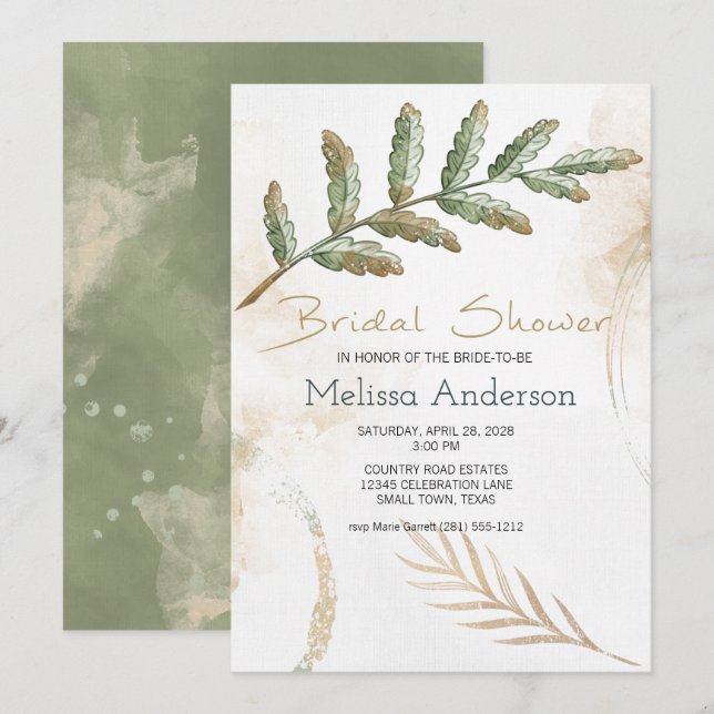 Carte Gold Sage Green Floral Elégante Fête des mariées (Devant / Derrière)