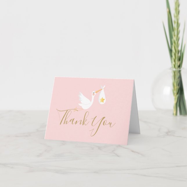 Carte Gold Script Merci Stork Baby Girl Rose (Devant)