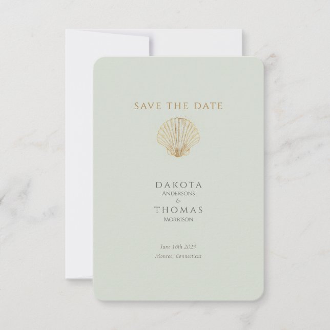 Carte Gold Seashell Mute Sage Wedding Save the Date (Devant)