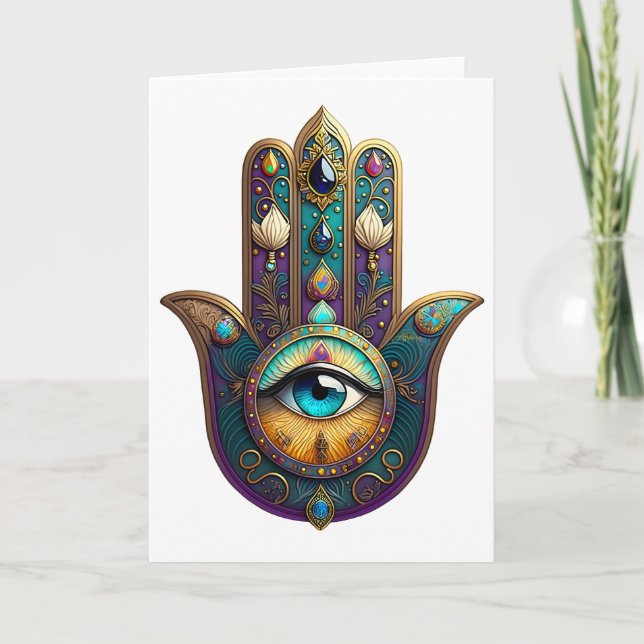 Carte Gold Violet Teal Hamsa w/ Turquoise Third Eye (Devant)