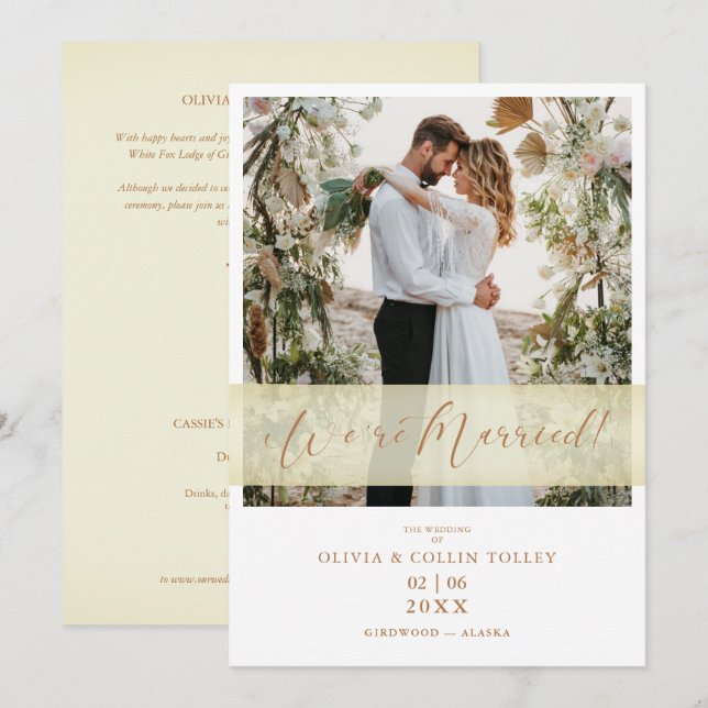 Carte Gold Wedding Photo Just Married Hand Letterd Quote (Devant / Derrière)