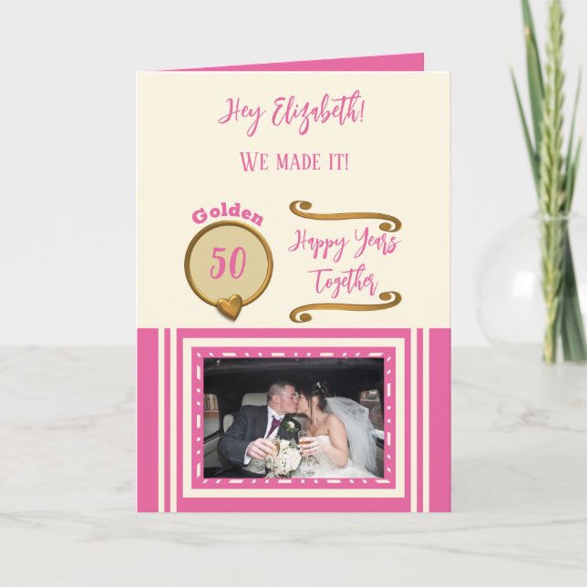 Carte Golden 50e anniversaire heureux années crème rose (Devant)