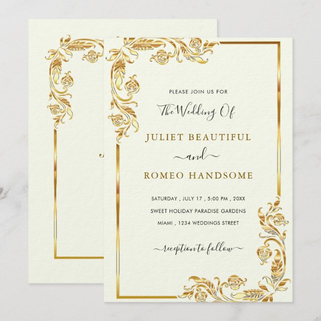 Carte Golden Feuille Frame Gold Luxury Mariage élégant (Devant / Derrière)