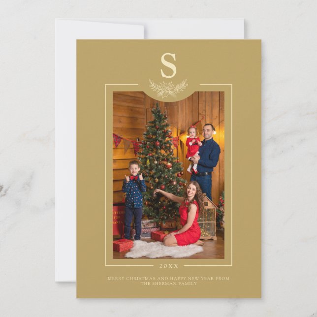 Carte Golden Merry Christmas Monogrammed Photo Family (Devant)