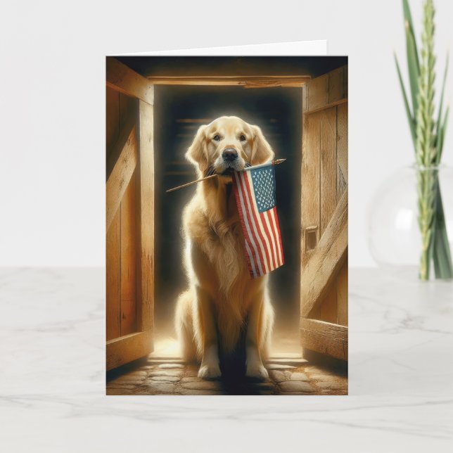Carte Golden Retriever avec drapeau américain (Devant)