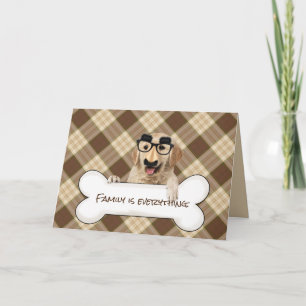 Carte golden retriever avec masque drôle sur os