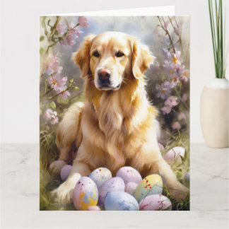 Carte Golden Retriever avec oeufs de Pâques