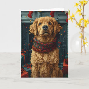 Carte Golden Retriever Chien avec cheminée cadeau de Noë