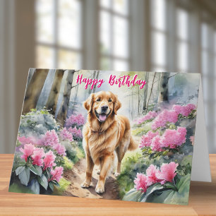 Carte Golden Retriever Chien Fleurs roses Joyeux anniver