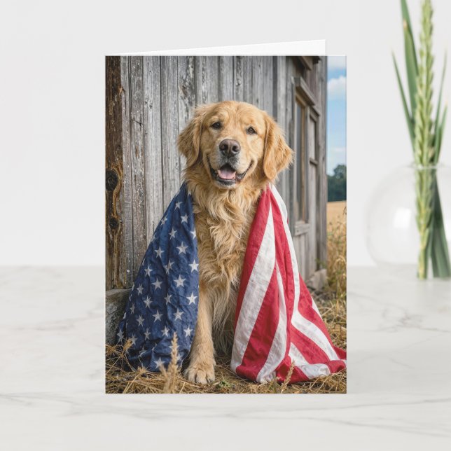 Carte Golden Retriever d'anniversaire avec drapeau améri (Devant)