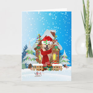 Carte Golden Retriever dans la neige avec cadeaux de Noë