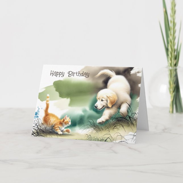 Carte Golden Retriever et Kitten Anniversaire (Devant)