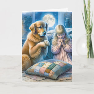 Carte Golden Retriever et petite fille prier