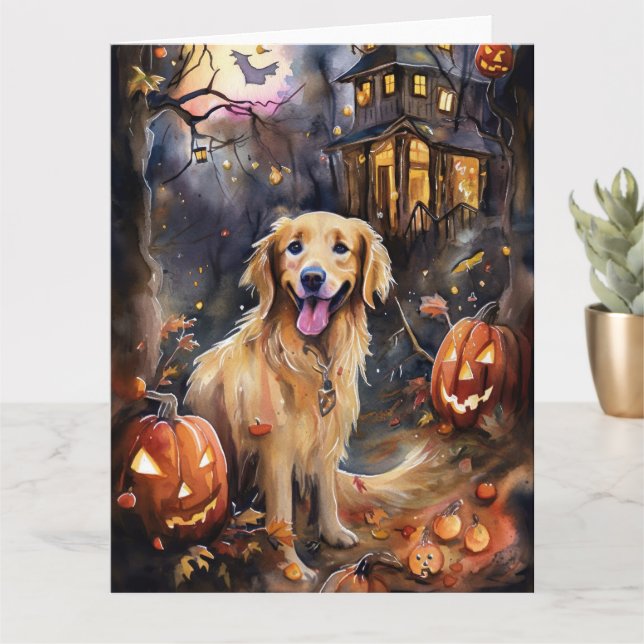 Carte Golden Retriever Halloween avec citrouilles effray (Petite plante)
