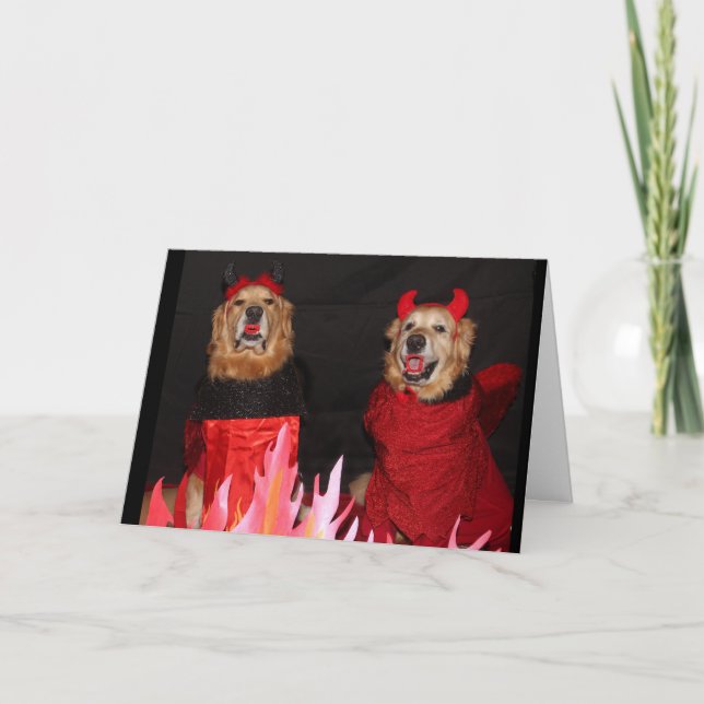 Carte Golden retriever Halloween diabolique (Devant)
