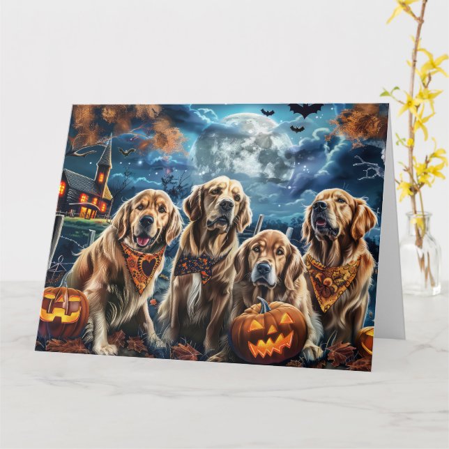Carte Golden Retriever Halloween Éffrayant (Fleur jaune)
