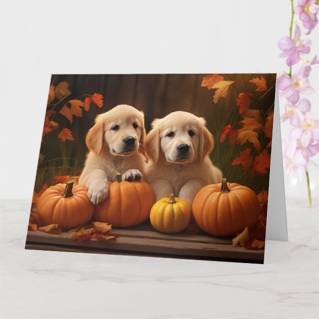 Carte Golden Retriever Puppy Automne Citrouille de plais (Orchidée)