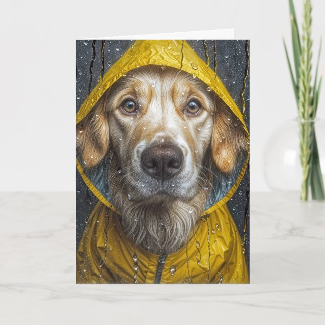 Carte Golden Retriever regarde par une fenêtre humide (Devant)