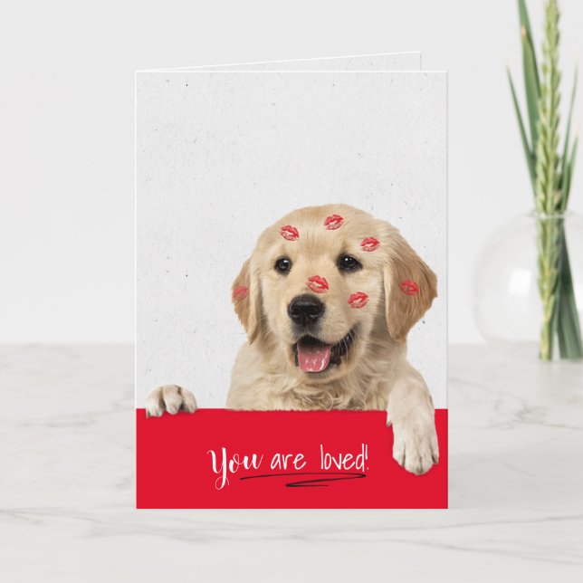 Carte Golden Retriever rouge à lèvres baisers Valentine (Devant)