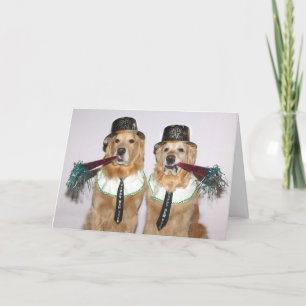 Carte Golden Retriever souffle les cornes du Nouvel An