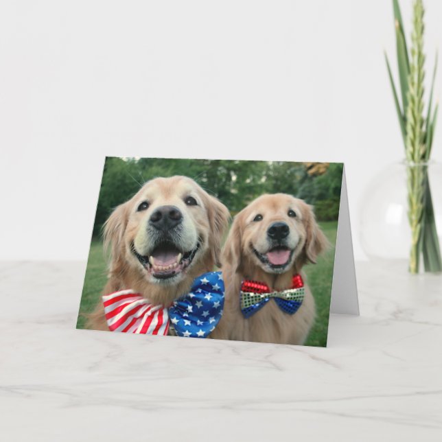 Carte Golden Retrivers in Bow Cravate Independence Day (Devant)