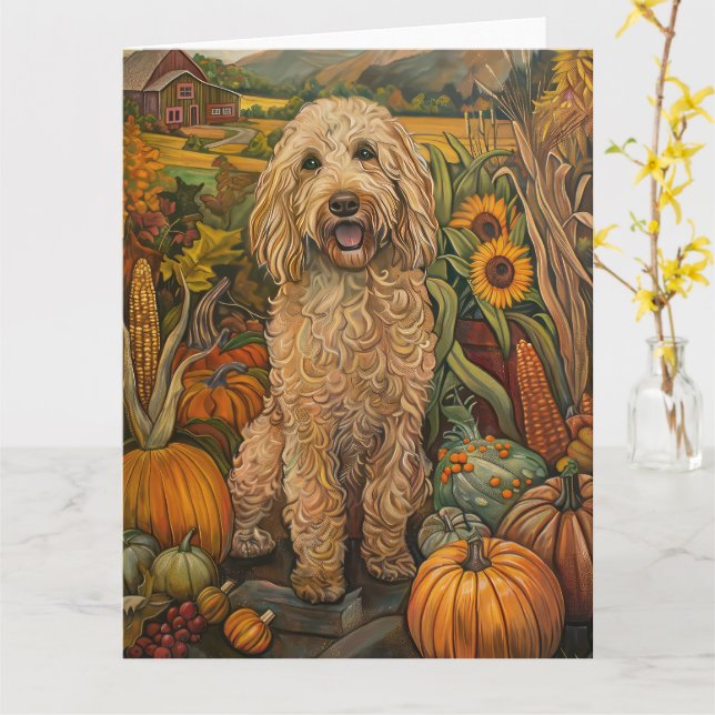 Carte Goldendoodle Chien Moisson d'automne Thanksgiving (Fleur jaune)