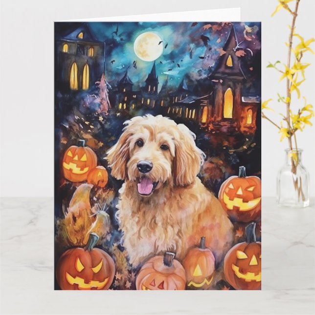 Carte Goldendoodle Halloween avec citrouilles effrayant (Fleur jaune)