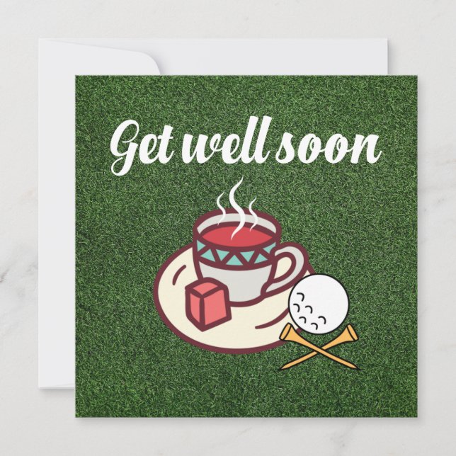 Carte Golf Allez-y bientôt avec une tasse de thé sur ver (Devant)