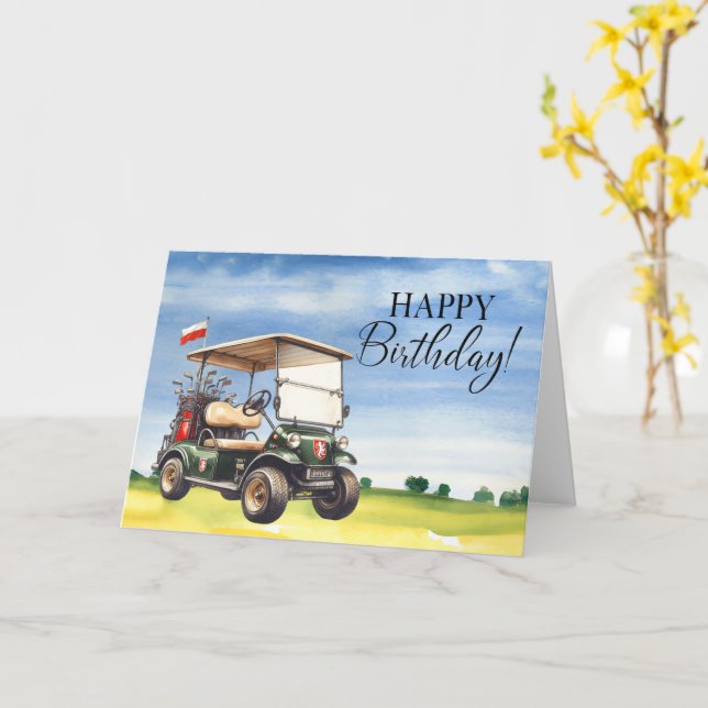Carte Golf Anniversaire à Golfer avec voiturette de golf (Fleur jaune)