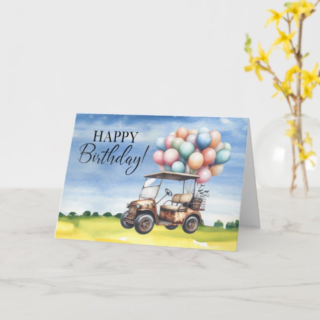 Carte Golf Anniversaire à Golfer avec voiturette de golf (Fleur jaune)